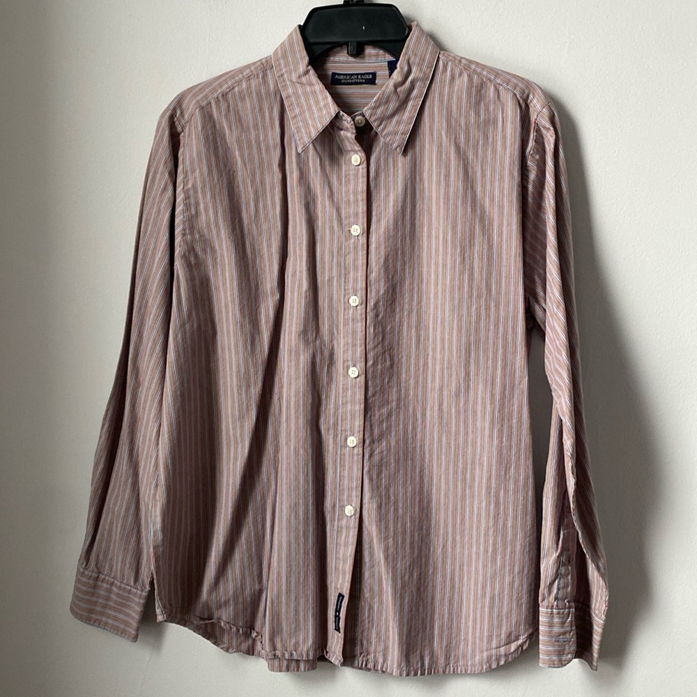 American Eagle striped mens button front long sleeve collared shirt.  Size L